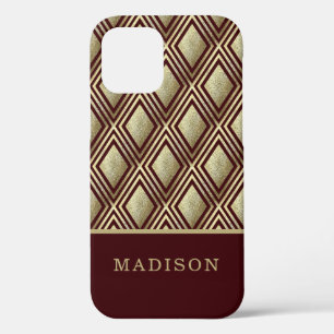 Gold Glitter Burgundy Diamond Pattern Personalized iPhone 12 Case
