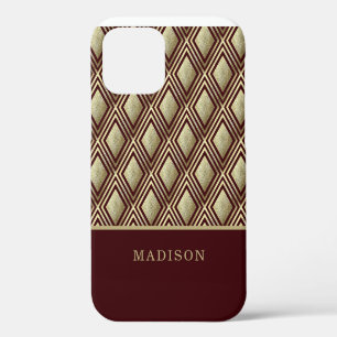 Gold Glitter Burgundy Diamond Pattern Personalized iPhone 12 Case