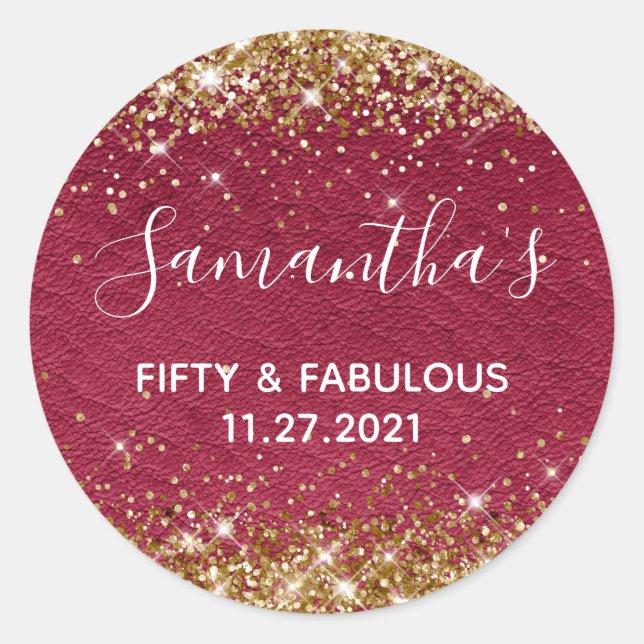Gold Glitter Burgundy Leather Fifty and Fabulous Classic Round Sticker (Front)