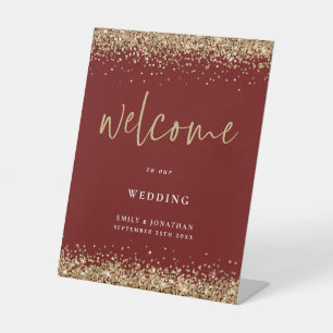 Gold Glitter Burgundy Names Welcome Wedding Pedestal Sign