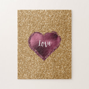 Gold Glitter Burgundy Red Heart Love Jigsaw Puzzle