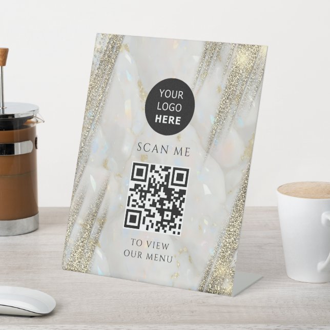 Gold Glitter Business QR Code Logo Opal Stone Pedestal Sign (In SItu)
