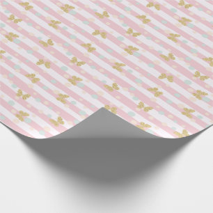 Gold Glitter Butterflies Pink Stripes Girly Wrapping Paper