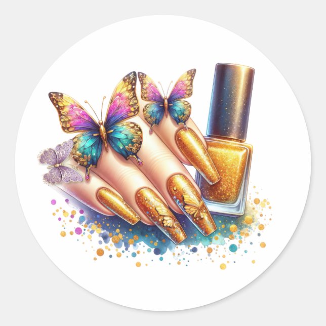 Gold Glitter Butterfly Nails Classic Round Sticker (Front)