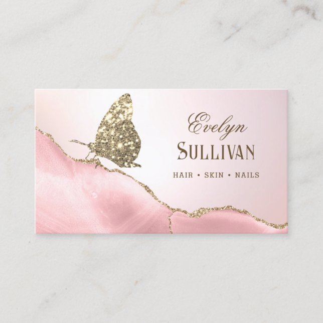 Gold Glitter Butterfly Pink Blush Agate Business Card (Front)