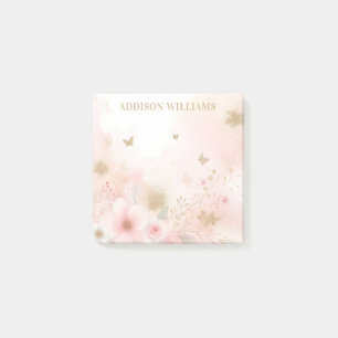 Gold Glitter Butterfly Pink Flowers Personalized Post-it Notes