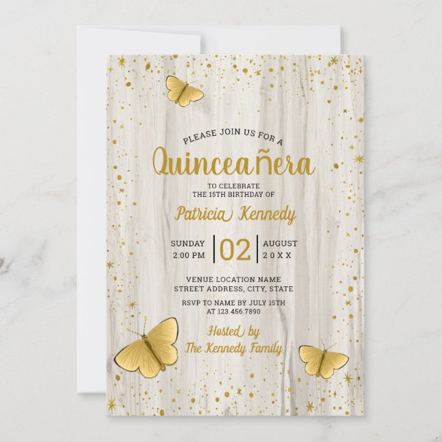 Gold Glitter Butterfly Rustic Wood Quinceanera Invitation (Front)
