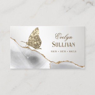 Gold Glitter Butterfly White Agate Business Card