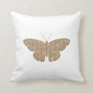 Gold Glitter Butterfly with White and Black Stripe Throw Pillow