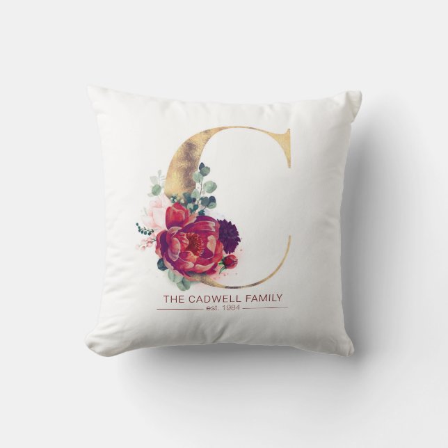 Gold Glitter C Monogram Floral Burgundy Red Throw Pillow (Front)