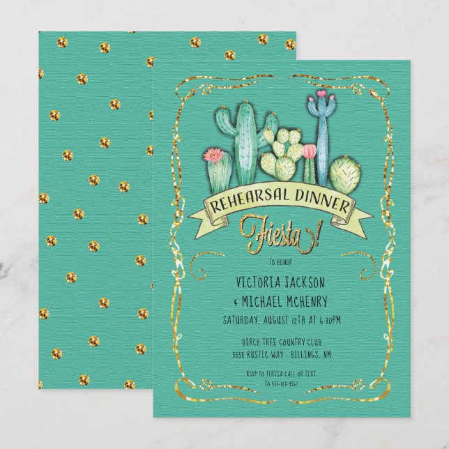 Gold Glitter Cactus Fiesta Rehearsal Dinner Invitation (Front/Back)
