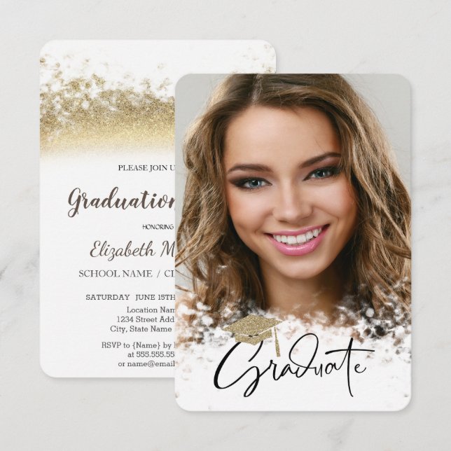  Gold Glitter Cap,Bokeh Photo Graduation  Invitation (Front/Back)