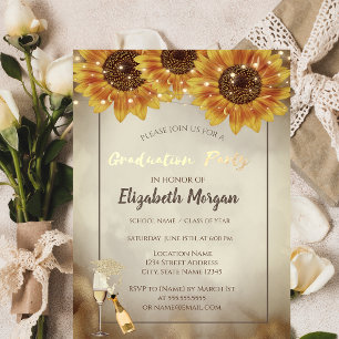 Gold Glitter Cap, Wine,Glass, Sunflowers Gold Touh Invitation