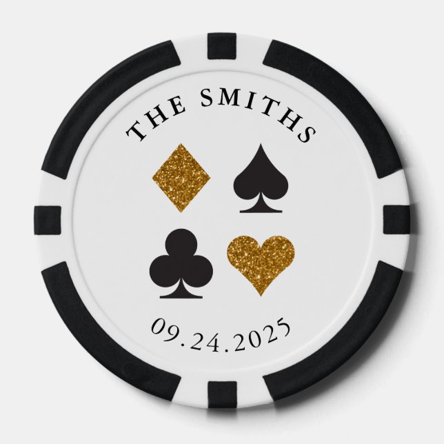 Gold Glitter Card Suits Wedding Date and Name Poker Chips (Front)