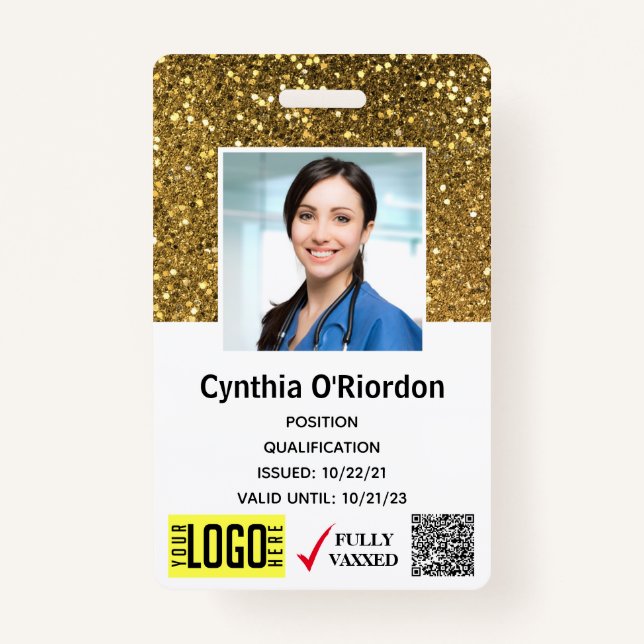 Gold Glitter Caregiver QR Barcode Photo ID Badge (Front)
