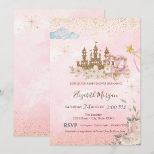 Gold Glitter Castle,FlowersCarriage Baby Shower Invitation