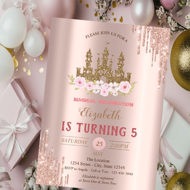 Gold Glitter Castle,Rose Gold Drips Birthday  Invitation (Creator Uploaded)