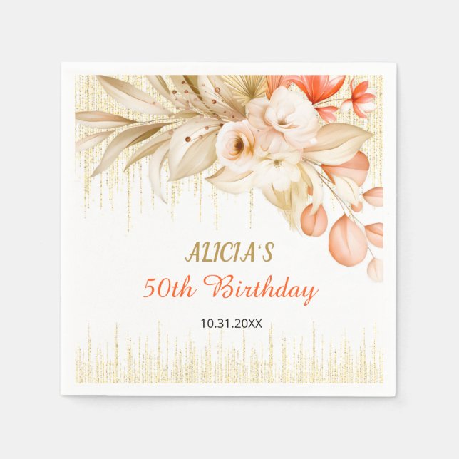 Gold Glitter Chain Yellow Orange Flower Birthday  Napkin (Front)