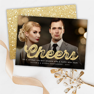 Gold Glitter Cheers Christmas Holiday Photo Card