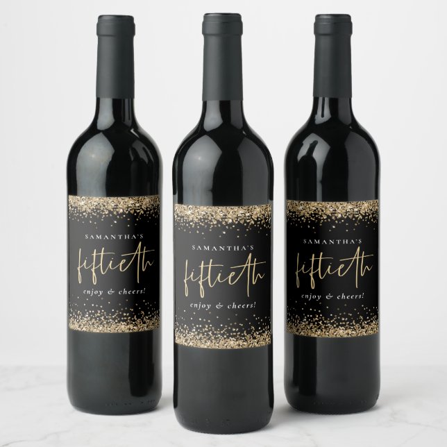 Gold Glitter Cheers Name Fiftieth Birthday Black Wine Label (Bottles)