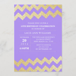 Gold Glitter Chevron Birthday Party   Purple Invitation