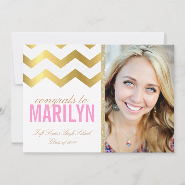 Gold Glitter Chevron Photo Graduation Invitation (Front)