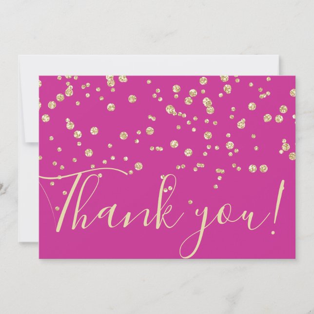Gold Glitter Chic Confetti Fuschia Typography Thank You Card (Front)