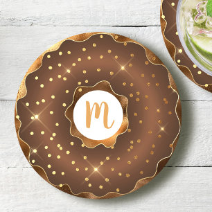 Gold glitter chocolate doughnut monogram bold glam round paper coaster