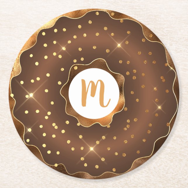 Gold glitter chocolate doughnut monogram bold glam round paper coaster (Front)