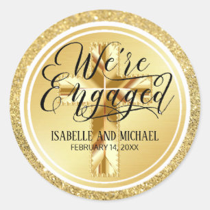 Gold Glitter Christian Personalized Engagement Classic Round Sticker