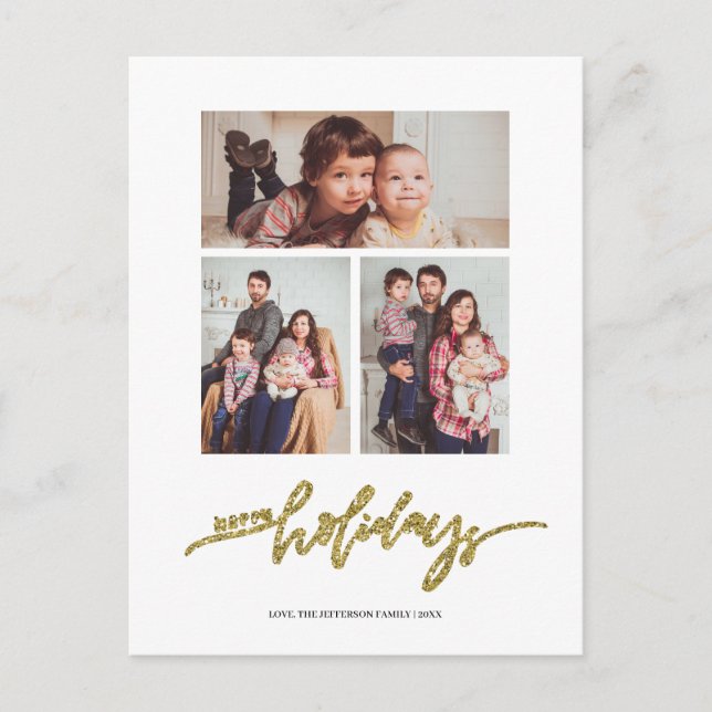 Gold Glitter Christmas 3 Photo Collage Holiday Postcard (Front)