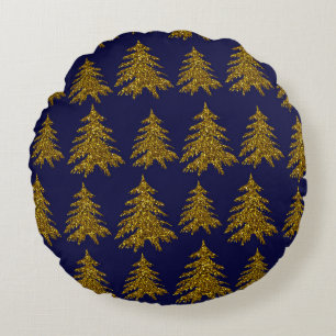 Gold glitter Christmas tree on blue background  Round Pillow