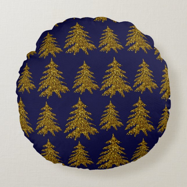 Gold glitter Christmas tree on blue background  Round Pillow (Front)