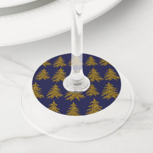 Gold glitter Christmas tree on blue background Wine Glass Tag