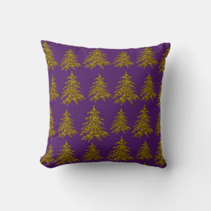 Gold glitter Christmas tree on purple background Throw Pillow