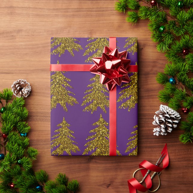 Gold glitter Christmas tree on purple background  Wrapping Paper (Holiday Gift)
