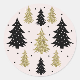 Gold Glitter Christmas Trees Blush Holiday Theme Classic Round Sticker