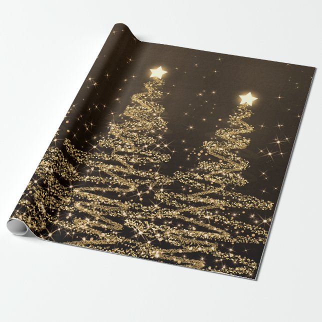Gold Glitter Christmas Trees Holiday Wrapping Paper (Unrolled)