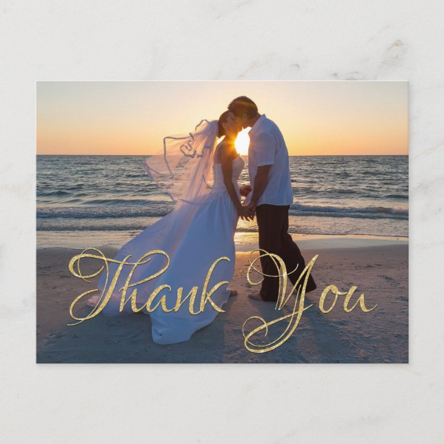 Gold Glitter Classic Calligraphy Wedding Thank You Postcard (Front)