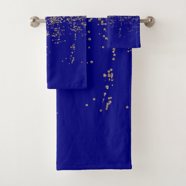 Gold Glitter Cobalt Blue Gradient Ombre Confetti Bath Towel Set (Insitu)