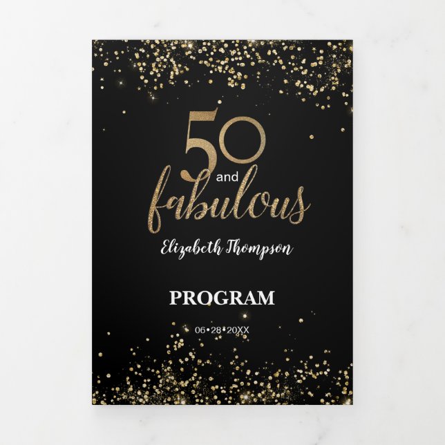 Gold Glitter Confetti 50 and Fabulous Custom Photo Tri-Fold Card (Cover)