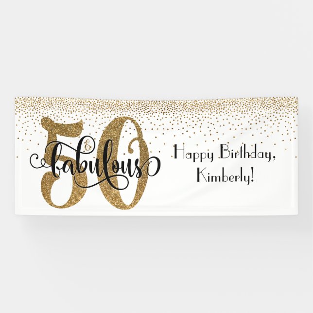Gold Glitter Confetti 50 & Fabulous Happy Birthday Banner (Horizontal)