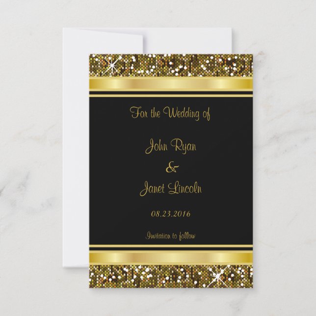 Gold Glitter Confetti and Black Elegance Save The Date (Front)
