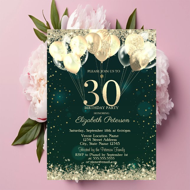 Gold Glitter Confetti Balloons Green 30th Birthday Invitation (Creator Uploaded)