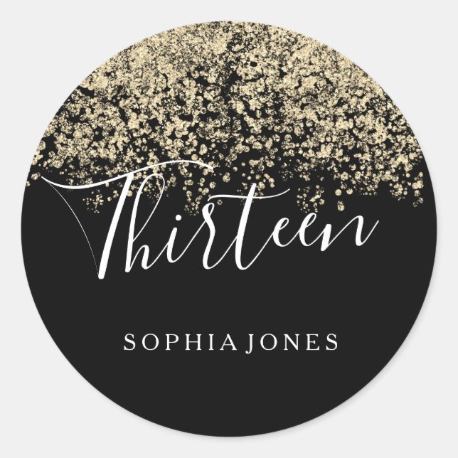 Gold Glitter Confetti Black 13th birthday party Classic Round Sticker (Front)