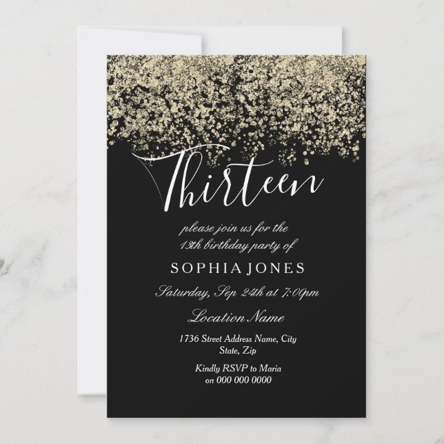 Gold Glitter Confetti Black 13th birthday party Invitation (Front)