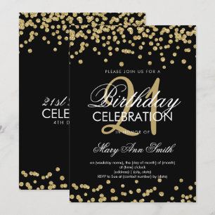 Gold Glitter Confetti Black 21st Birthday Invitation