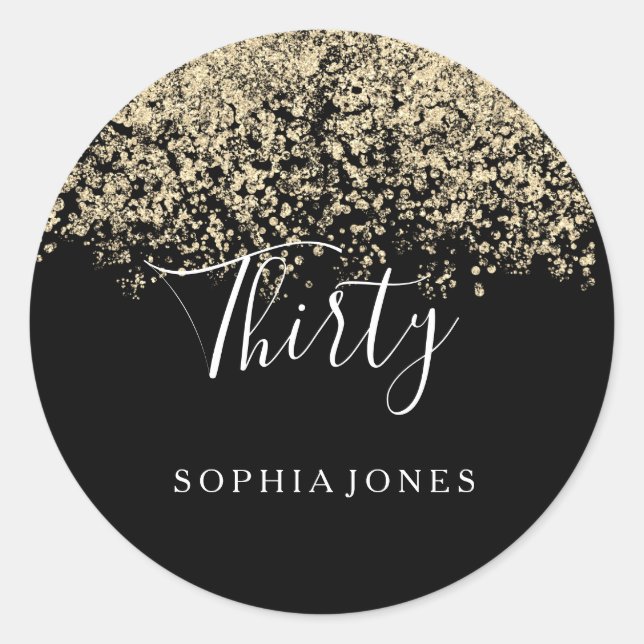 Gold Glitter Confetti Black 30th birthday party Classic Round Sticker (Front)