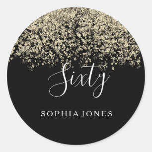 Gold Glitter Confetti Black 60th birthday party Classic Round Sticker