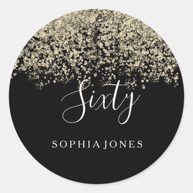 Gold Glitter Confetti Black 60th birthday party Classic Round Sticker (Front)